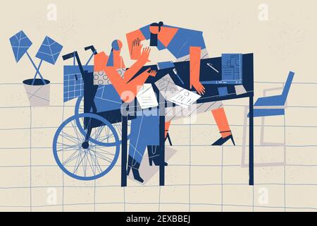 La persona con disabilità che siede su una sedia a rotelle lavora insieme a un collega in ufficio. Inclusione e integrazione al lavoro illustrazione concettuale Foto Stock