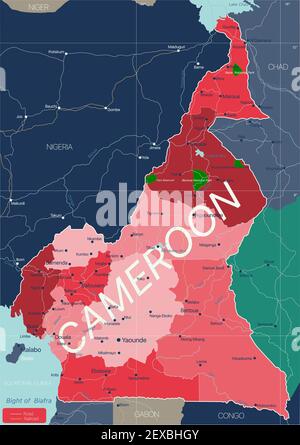 Paese Camerun Mappa dettagliata modificabile con regioni città e città, strade e ferrovie, siti geografici. File vettoriale EPS-10 Illustrazione Vettoriale