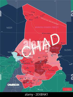 Paese Ciad Mappa dettagliata modificabile con regioni città e città, strade e ferrovie, siti geografici. File vettoriale EPS-10 Illustrazione Vettoriale