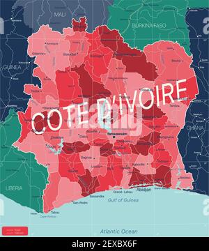 Paese Costa d'Avorio Mappa dettagliata modificabile con regioni città e città, strade e ferrovie, siti geografici. File vettoriale EPS-10 Illustrazione Vettoriale