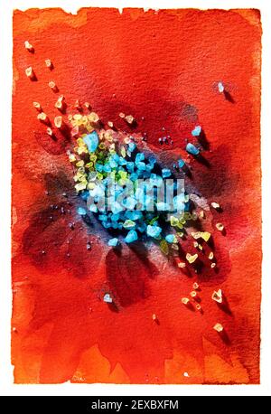 Fiore rosso centro Big.Bright sfondo mano disegnata con inchiostri rossi e vernici acquerello. Schizzi e schizzi di colore creano una tela astratta floweron t Foto Stock
