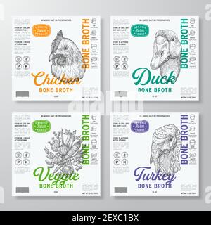 Set di modelli etichetta brodo osseo. Raccolta di layout di disegno di Vector Food Packaging astratto. Tipografia moderna con verdure disegnate a mano, pollo, anatra Illustrazione Vettoriale