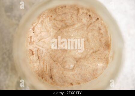 Vista dall'alto dell'antipasto in un vaso di vetro. Coltura fermentata per preparare il pane. Foto Stock