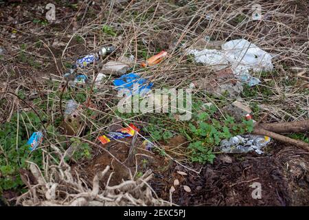 I rifiuti ribaltati di mosca e i rifiuti domestici illegalmente scaricati sul bordo di woodland.A locale vista comune in zone più povere del Regno Unito. Foto Stock