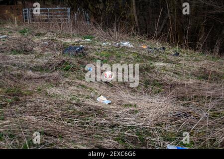 I rifiuti ribaltati di mosca e i rifiuti domestici illegalmente scaricati sul bordo di woodland.A locale vista comune in zone più povere del Regno Unito. Foto Stock