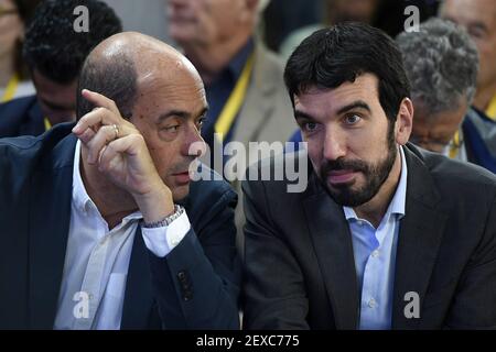 Foto Repertorio, Italia. 04 marzo 2021. Roma, 13 ottobre 2018 Nicola Zingaretti e Maurizio Martina durante 'Piazza Grande' la prima iniziativa del Presidente della Regione Lazio presso l'ex ufficio doganale per la candidatura alla segreteria del Partito democratico tel. Â © Luigi Mistrulli (Roma - 2018-10-13,) ps la foto può essere utilizzata nel rispetto del contesto in cui è stata scattata, e senza l'intento diffamatorio del decoro delle persone rappresentate uso Editoriale solo credito: Agenzia fotografica indipendente/Alamy Live News Foto Stock