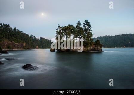 Area ricreativa di Salt Creek sulla Penisola Olimpica di Washington di notte sotto una luna piena. Foto Stock