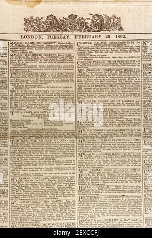 Prima pagina dedicata agli eventi di intrattenimento in una copia originale del giornale Times, martedì 25 febbraio 1862. Foto Stock