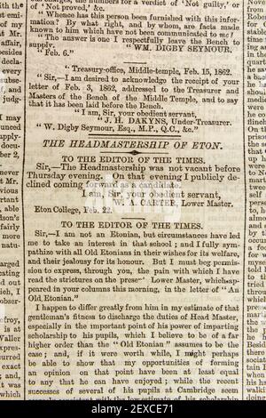 Lettera alla pagina del redattore per quanto riguarda la direzione della scuola di Eton in una copia originale del giornale di Times, martedì 25 febbraio 1862. Foto Stock
