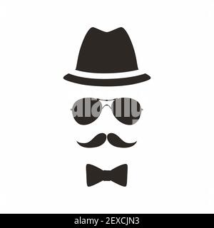 Icona gentleman. Uomo sconosciuto con baffi nel cappello, occhiali da sole e arco. Illustrazione vettoriale isolata su sfondo bianco. Illustrazione Vettoriale