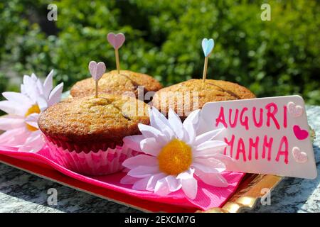 Vassoio di muffin da dare alla mamma con un biglietto d'auguri, posto su una superficie di marmo e con una lussureggiante pianta verde sullo sfondo Foto Stock