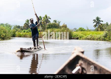 Uomo che punisce piroga con asta di spinta, tradizionale canoe piroga in legno fatto a mano, su un fiume, Maroansetra, Madagascar Foto Stock