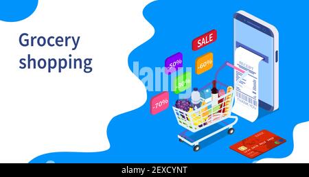 Online alimentari concetto di shopping. Illustrazione Vettoriale