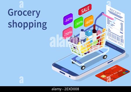 Online alimentari concetto di shopping. Illustrazione Vettoriale