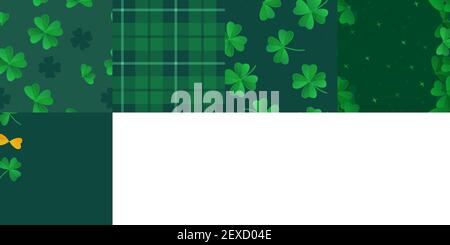Set di motivi senza giunture per il giorno di San Patrizio. Texture verdi con plaid, linee, oro, trifoglio, shamrock. L'illistrazione vettoriale di stock in stile cartoon realistico Illustrazione Vettoriale