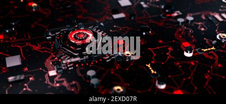 Circuito stampato in stile futuristico con processore illuminato infettato da a. red virus concept rendering 3d Foto Stock