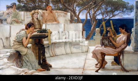 Lawrence Alma-Tadema. Dipinto intitolato 'Sappho and Alcaeus' dell'artista britannico-olandese Sir Lawrence Alma-Tadema (b. Lourens Alma Tadema, 1836-1912), olio su pannello, 1881 Foto Stock
