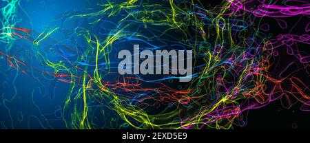 Forme wireframe intrecciate in colori vivaci che illuminano e roteano un disegno artistico astratto rendering 3d Foto Stock