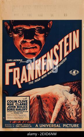 Frankenstein - poster di film d'epoca, 1931, tra cui Boris Karloff - Carl Laemmle Foto Stock