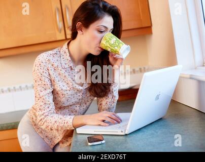 Donna interessata che usa un computer portatile Foto Stock