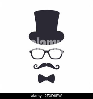Icona gentleman. Uomo sconosciuto con baffi nel cappello, occhiali e arco. Illustrazione Vettoriale