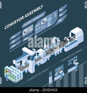 Composizione isometrica di produzione intelligente con pannello olografico di controllo del gruppo illustrazione vettoriale del trasportatore su sfondo scuro Illustrazione Vettoriale
