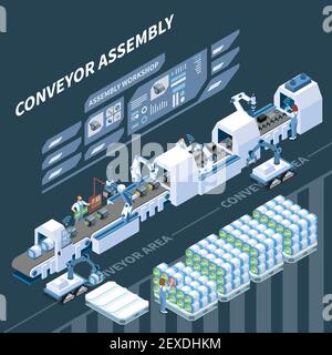 Linea di assemblaggio intelligente con apparecchiature robotizzate e operazioni di realtà aumentata composizione isometrica su sfondo scuro illustrazione vettoriale Illustrazione Vettoriale