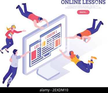 Lezioni online design concept con piccole persone che volano intorno grande schermo pc con app per l'illustrazione vettoriale isometrica dello studio a distanza Illustrazione Vettoriale