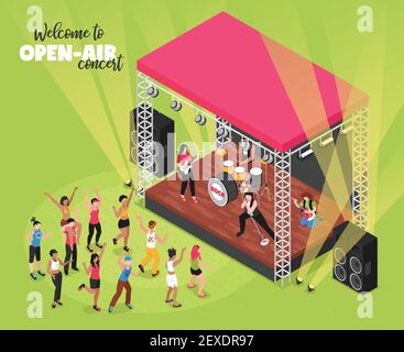 Concerto di musica all'aperto illustrazione vettoriale isometrica con rock band on palcoscenico e spettatori nella zona fan Illustrazione Vettoriale