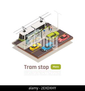 Composizione della città isometrica e colorata con stazione del tram e grande illustrazione vettoriale del pulsante verde Illustrazione Vettoriale