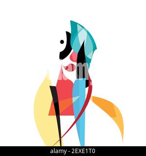Linea continua ritratto donna su sfondo astratto con forme a mano libera. Composizione creativa contemporanea con il volto della ragazza in gra moderno Illustrazione Vettoriale