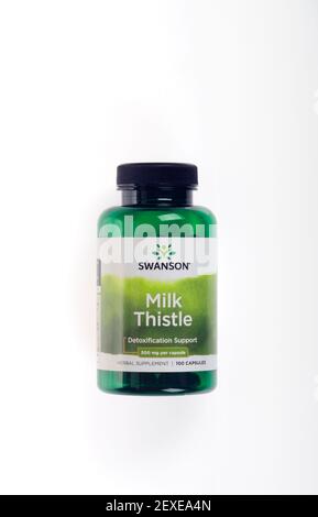 Bottiglia di Swanson Milk Thistle Herbal Supplements per la disintossicazione del fegato Supporto Foto Stock