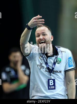 Lipsia, Germania. 04 marzo 2021. Pallamano: Bundesliga, DHfK Leipzig - TuSEM Essen, Matchday 7 Leipzig allenatore Andre Haber gesti. Credit: Ronny Hartmann/dpa-Zentralbild/dpa/Alamy Live News Foto Stock