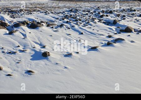 Pietre sul terreno e erba coperta di neve in una bizzarda durante l'inizio della stagione invernale Foto Stock