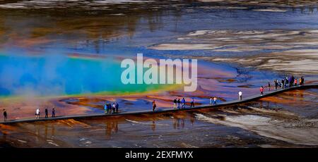 Grand Prismatic Spring nel Parco Nazionale di Yellowstone con vapore in aumento Foto Stock