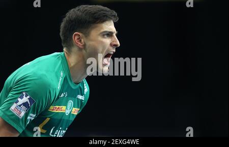 Lipsia, Germania. 04 marzo 2021. Pallamano: Bundesliga, DHfK Leipzig - TuSEM Essen, Matchday 7 Lucas Krzikalla di Lipsia reagisce. Credit: Ronny Hartmann/dpa-Zentralbild/dpa/Alamy Live News Foto Stock