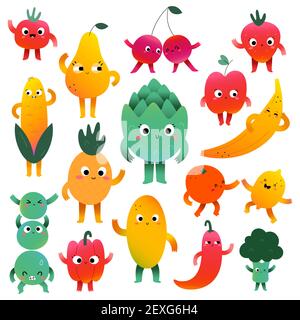 Carino ortaggi e personaggi di frutta con espressioni facciali, mascotte kawaii cartoon, raccolta di felici creature del cibo divertente, illustrazione vettoriale Illustrazione Vettoriale