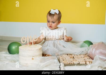 Festa del primo compleanno del bambino eco-friendly con torta. 1° compleanno idee con decorazione naturale. Feste di compleanno sostenibili eco-friendly alternative per Foto Stock