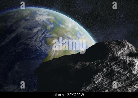 Il Grande asteroide o meteore sta galleggiando sulla Terra. Concetto di Apocalisse. Illustrazione con rendering 3D. Elementi di questa immagine forniti dalla NASA. Foto Stock