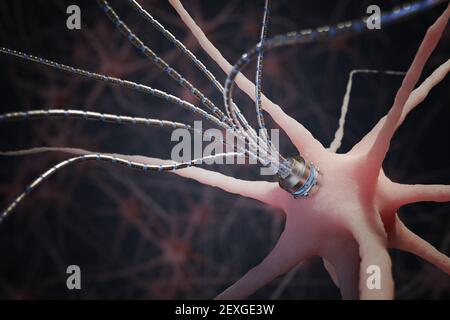 Concetto di tecnologia nano. Assone artificiale micro robotico su neurone in rete neurale. Illustrazione con rendering 3D. Foto Stock