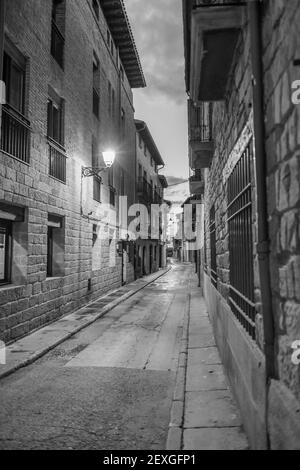 Immagine verticale in scala di grigi di una strada tra due edifici di sera Foto Stock