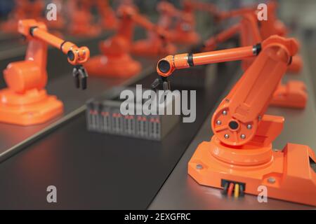 Bracci robotici in fabbrica. Concetto Industry 4.0. Illustrazione con rendering 3D. Foto Stock