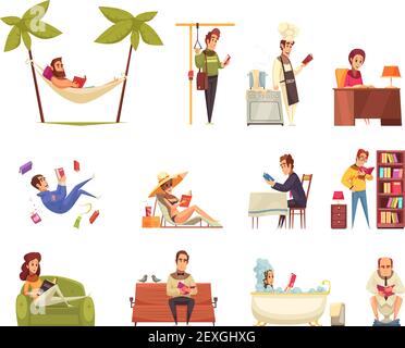Persone che leggono libri set con biblioteca e spiaggia di lettura simboli immagine vettoriale isolata piatta Illustrazione Vettoriale