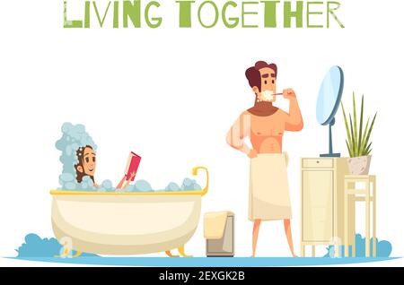 Vivere insieme concetto con prendere un vettore piatto simboli bagno illustrazione Illustrazione Vettoriale