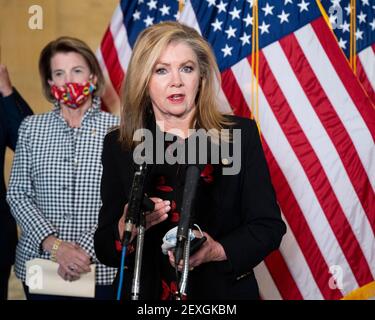 Washington, DC, Stati Uniti. 4 Marzo 2021. 4 marzo 2021 - Washington, DC, Stati Uniti: Senatore statunitense MARSHA BLACKBURN (R-TN) che parla ad una conferenza stampa sulla riapertura delle scuole. Credit: Michael Brochstein/ZUMA Wire/Alamy Live News Foto Stock