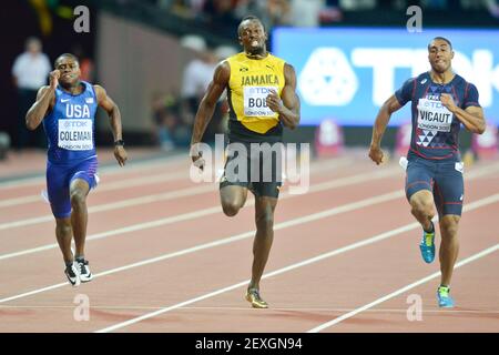 Usain Bolt (JAM), Bronze), Christian Coleman (USA, Argento), Jimmy Vicaut (fra). 100 metri uomini finale. IAAF Athletics World Championships - Londra 2017 Foto Stock