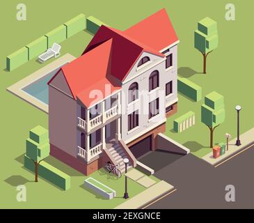 Edifici suburbani composizione isometrica con paesaggi all'aperto e vita a due piani casa con cortile e alberi vettore illustrazione Illustrazione Vettoriale
