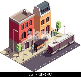 Composizione isometrica degli edifici di Townhouse con punto di riferimento esterno alla fermata dell'autobus e. due case di abitazione sulla città strada illustrazione vettoriale Illustrazione Vettoriale