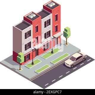 Composizione isometrica degli edifici urbani con vista sull'autostrada urbana marciapiede e tre piani casa residenziale illustrazione vettoriale Illustrazione Vettoriale