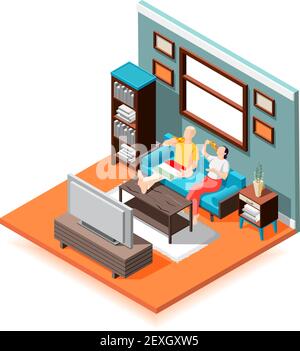 Fine settimana a casa composizione isometrica coppia sul divano durante il mangiare consegna pizza prima della tv illustrazione vettoriale Illustrazione Vettoriale